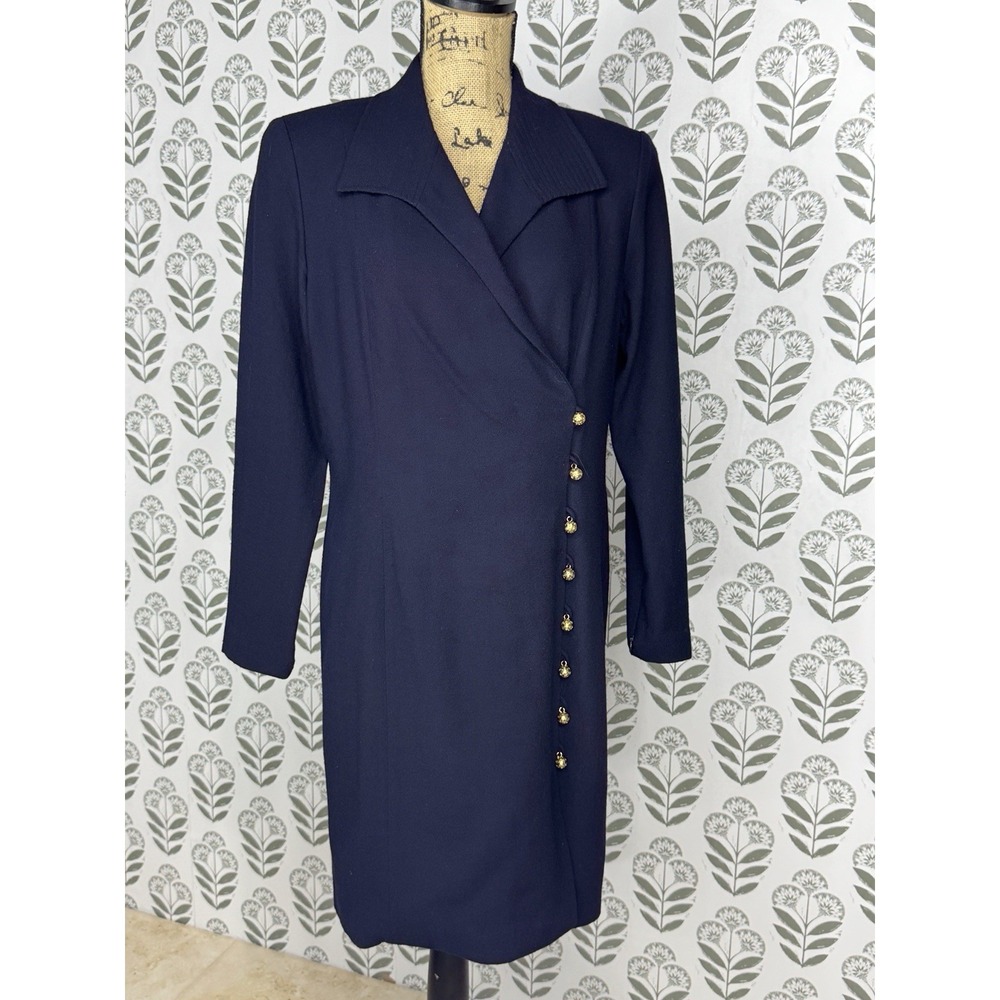Linda Allan Ellen Tracy VTG Wool Navy Blazer Dress Gold Btn 12 Classic Tailored